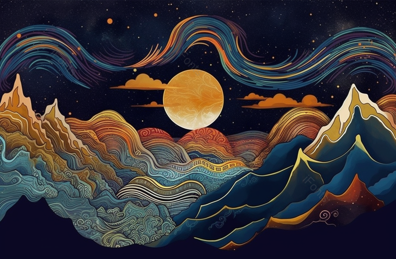 中秋节中国风烫金山水月亮插画,插画/手绘图,插画/手绘图库,插画/手绘图下载,插画/手绘